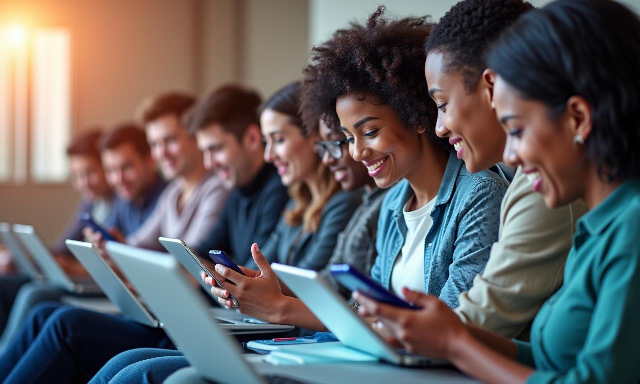 Diverse group of people engaging with digital content on various devices, representing a wide audience.