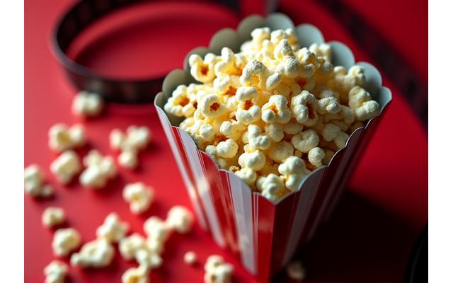 Movie film reel and popcorn