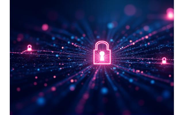 Abstract depiction of secure data flow with padlock icons and circuit board elements, symbolizing cybersecurity.